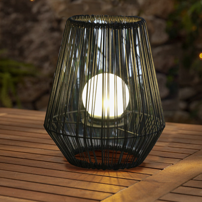 "Rocklin" Iron-Rattan Lantern with Solar Frosted Glass Pearl ，Small